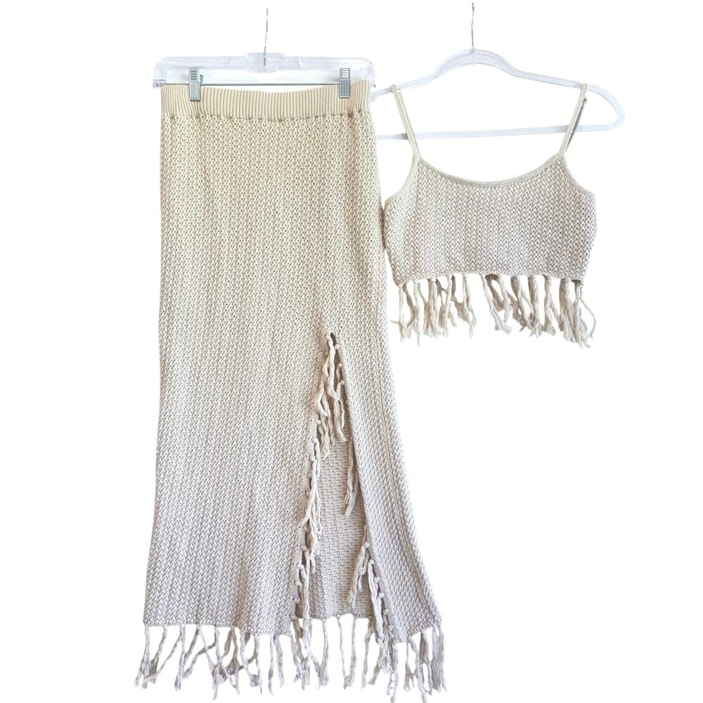 Knit Fringe Skirt 2 piece Set Slit Crop Tank Coastal Resort Beach Boho Chi - Picture 2 of 9